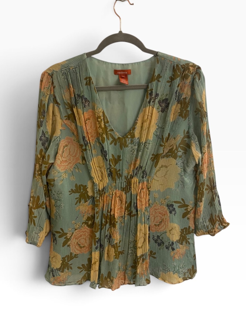 SUNDANCE 100% SILK LINED V-NECK FLOWY TOP SIZE XL ANTIQUE FLORAL DELICATE DAINTY